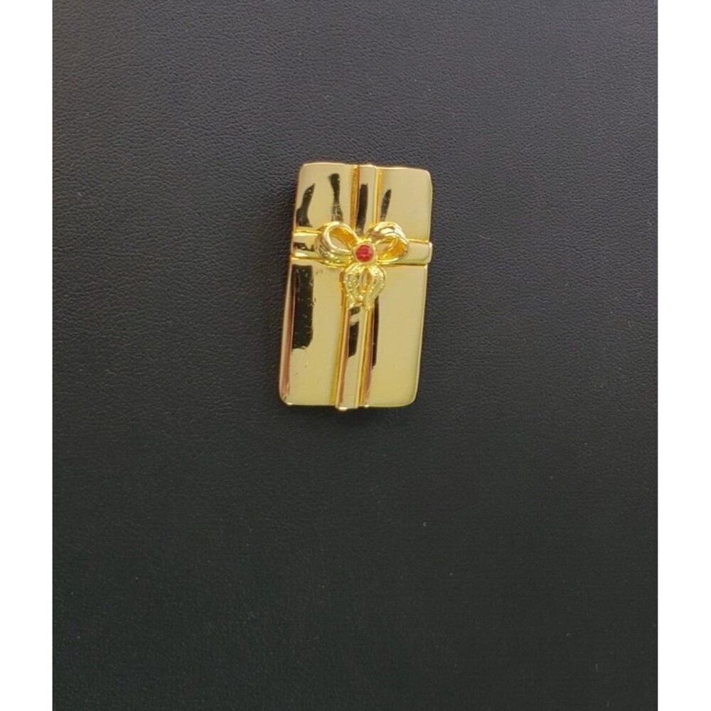 Vtg AAI Signed Gift Box Brooch Gold Tone Present Pin w/ Red Rhinestone Christmas